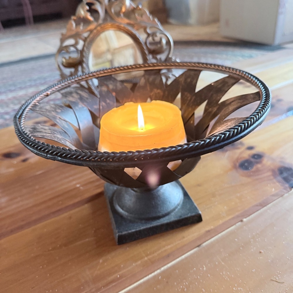 Wrought Iron Pedestal Pillar Candle Holder Wide Bowl Rustic Farmhouse Decor